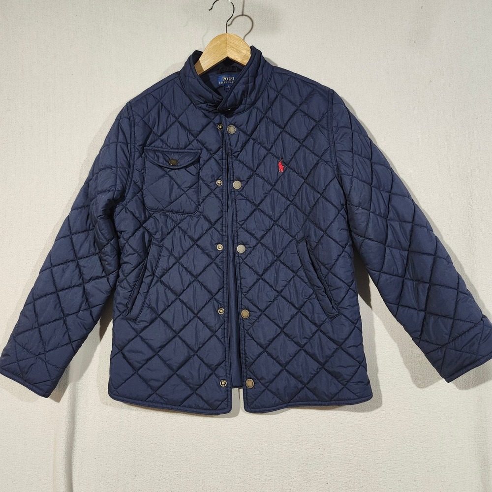 Polo Ralph Lauren Kids Navy Blue Quilted Jacket L 14-16 Blk Corduroy Sleeve Pony